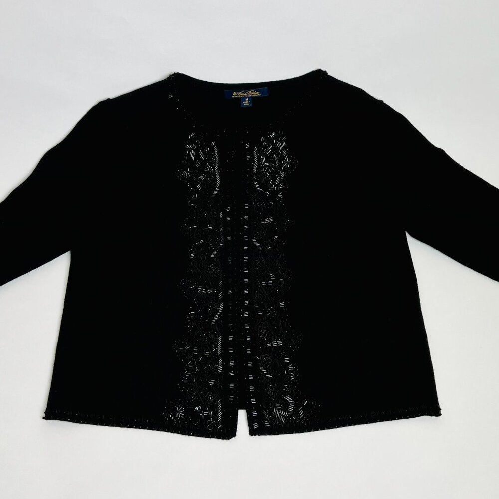 BROOKS BROTHERS Open Front Sweater Fine Merino Italian Wool Hand Beaded Black M